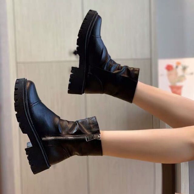 (Order) Boots Ulzzang cổ ngắn da nhăn khoá sườn gót cao 5cm - Có ảnh thật