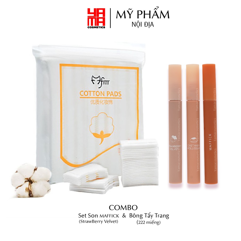 Combo Set 3 Son Kem Lì MAFFICK StrawBerry Velvet nội địa Trung màu đỏ quyến rũ 2 set A/B và Bông Tẩy Trang 222 miếng