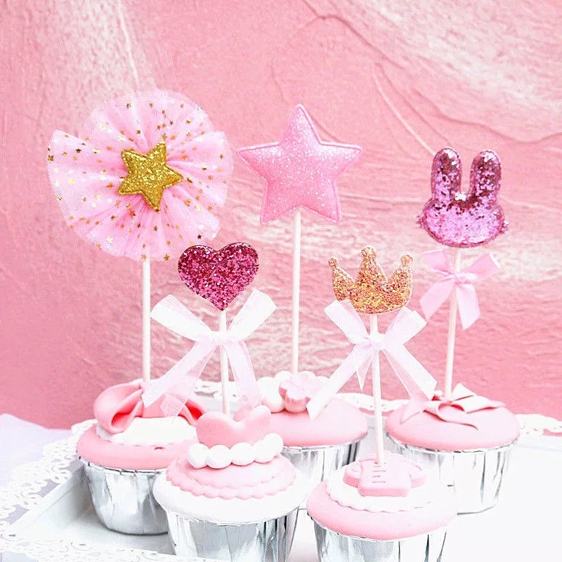 Bộ 5 Topper que cắm Tai thỏ + Vương miện trang trí bánh
