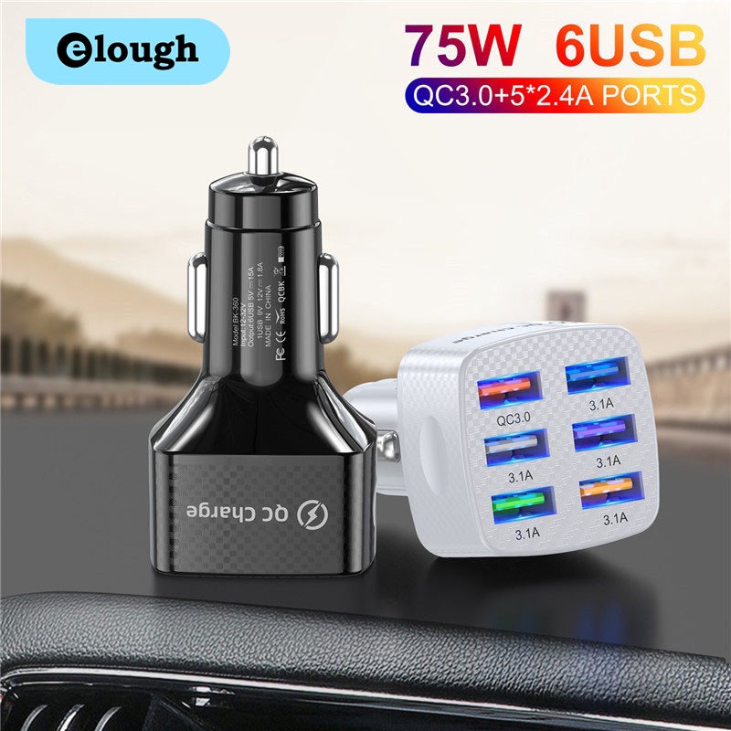 Bộ sạc ô tô Elough 75W 6 USB Sạc nhanh Bộ chuyển đổi điện thoại 5V / 15A trên ô tô Dùng cho ô tô đa năng Sạc nhanh