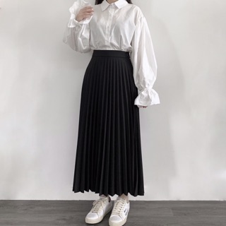 BASIC SHIRT + PLEATED MIDI SKIRT