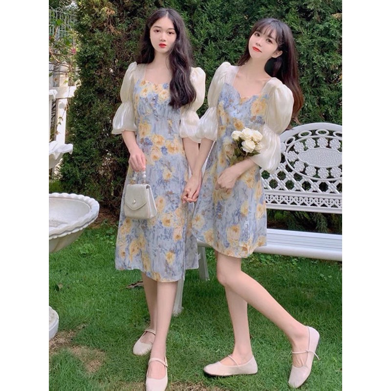 Đầm chiffon nữ in hoa tay bồng nhún nhẹ nhàng M50 | BigBuy360 - bigbuy360.vn