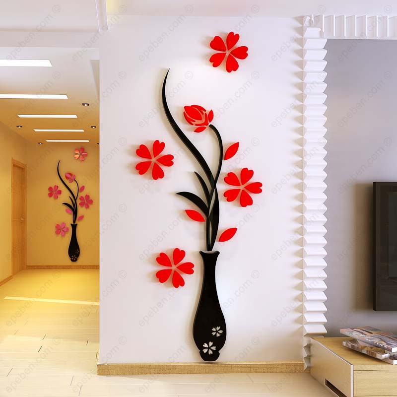 Tranh dán tường mica 3d decor khổ lớn bình hoa mận nở trang trí phòng khách, phòng ngủ, phòng cưới