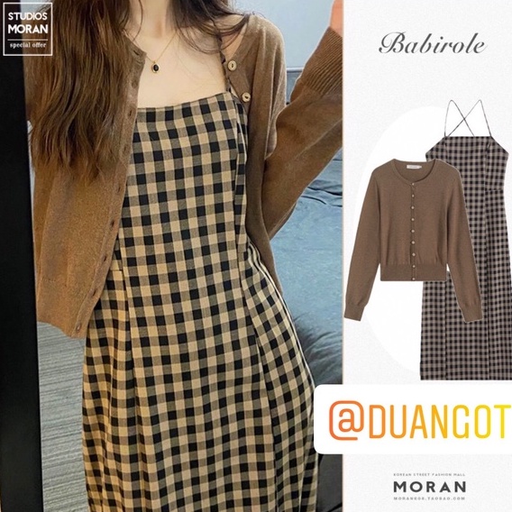Set váy hai dây MORAN dáng dài kẻ sọc caro + Áo khoác caridgan mỏng nhẹ style vintage