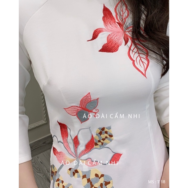 Mã T18 - Áo dài trắng thêu hoa gạo đẹp, Áo dài thêu cao cấp