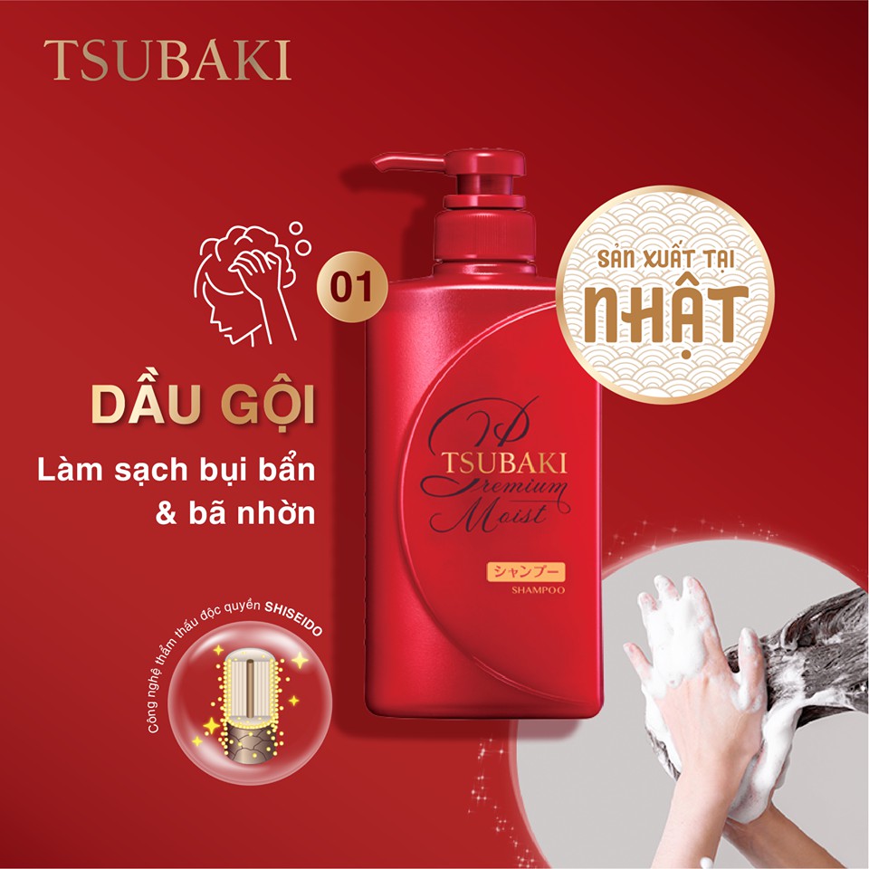 Bộ Dầu Gội Và Dầu Xả Tsubaki Đỏ Nhật Bản Premium Moist Tsubaki Dưỡng tóc Suôn Mềm Bóng Mượt Chính Hãng (490ml/chai)