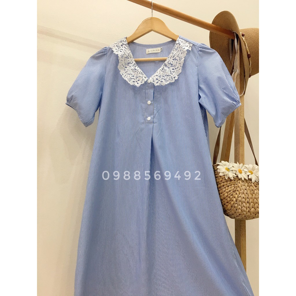 Váy bầu bigsize - Đầm bầu thiết kế GuMe Kẻ Xanh Cổ Sen Bo Tay chất vải thô mềm size từ 40-100kg  MB209 xanh- ảnh thật