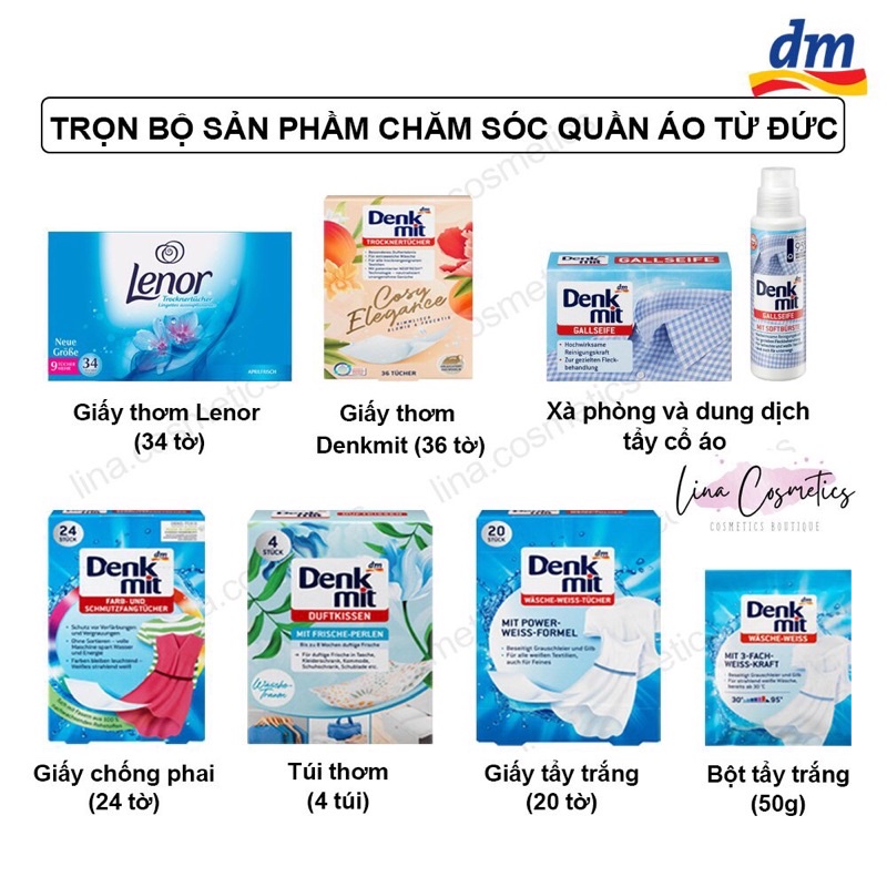 Giấy thơm, túi thơm, giấy chống phai ,giấy tẩy trắng, dung dịch xà phòng tẩy cổ áo Denkmit,Lenor Đức