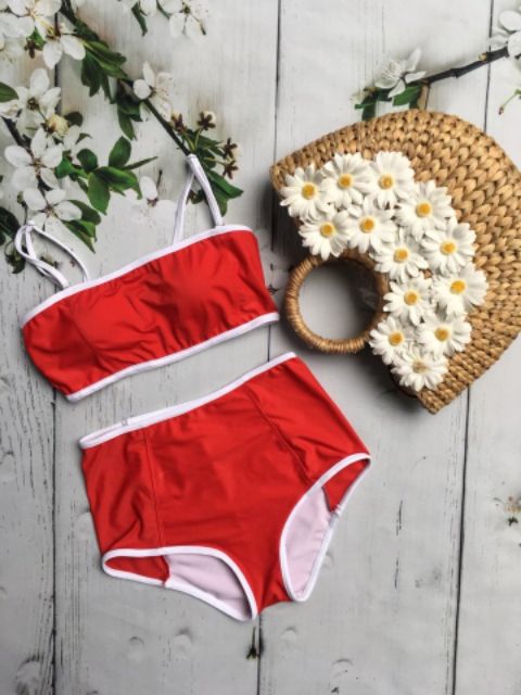 Bikini 2 mảnh vintage cạp cao 4 màu xanh than, đỏ, đen, rêu hoa | BigBuy360 - bigbuy360.vn