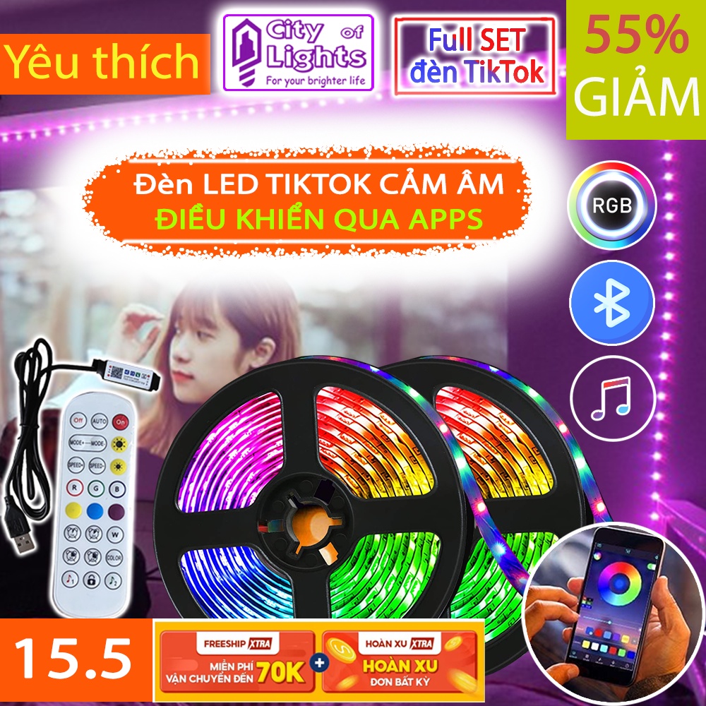 Đèn led trang trí phòng ngủ nháy theo nhạc đèn led tiktok dài 1M 3M 5M hỗ trợ livestream điều khiển qua apps bluetooth