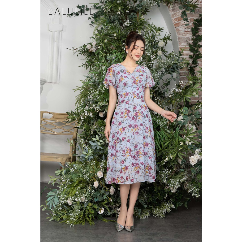 LALULILL - Đầm liền 2 lớp dáng A cổ V hoa xanh lơ.