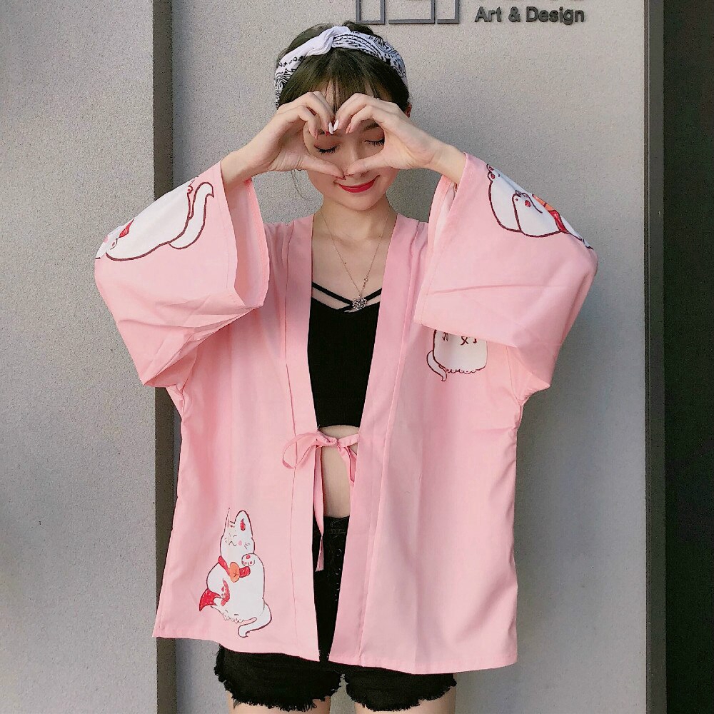 Áo Khoác Kimono In Hình Mèo Dễ Thương Cho Nữ