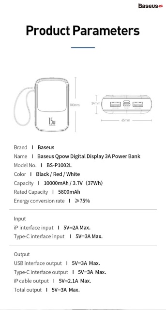 Pin dự phòng tích hợp cáp sạc Baseus Q Pow Digital Display 10,000mAh