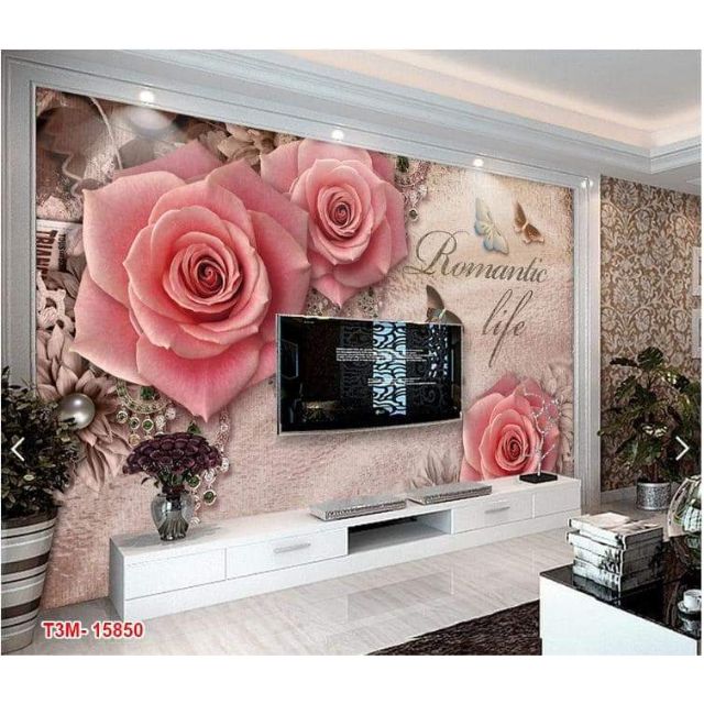 Tranh 3D dán phòng khách phòng ngủ hoa hồng đẹp
