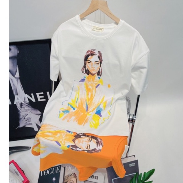 Áo thun in hình cô gái, có ảnh thật shop chụp, chất thun cotton ko pha nilong nha