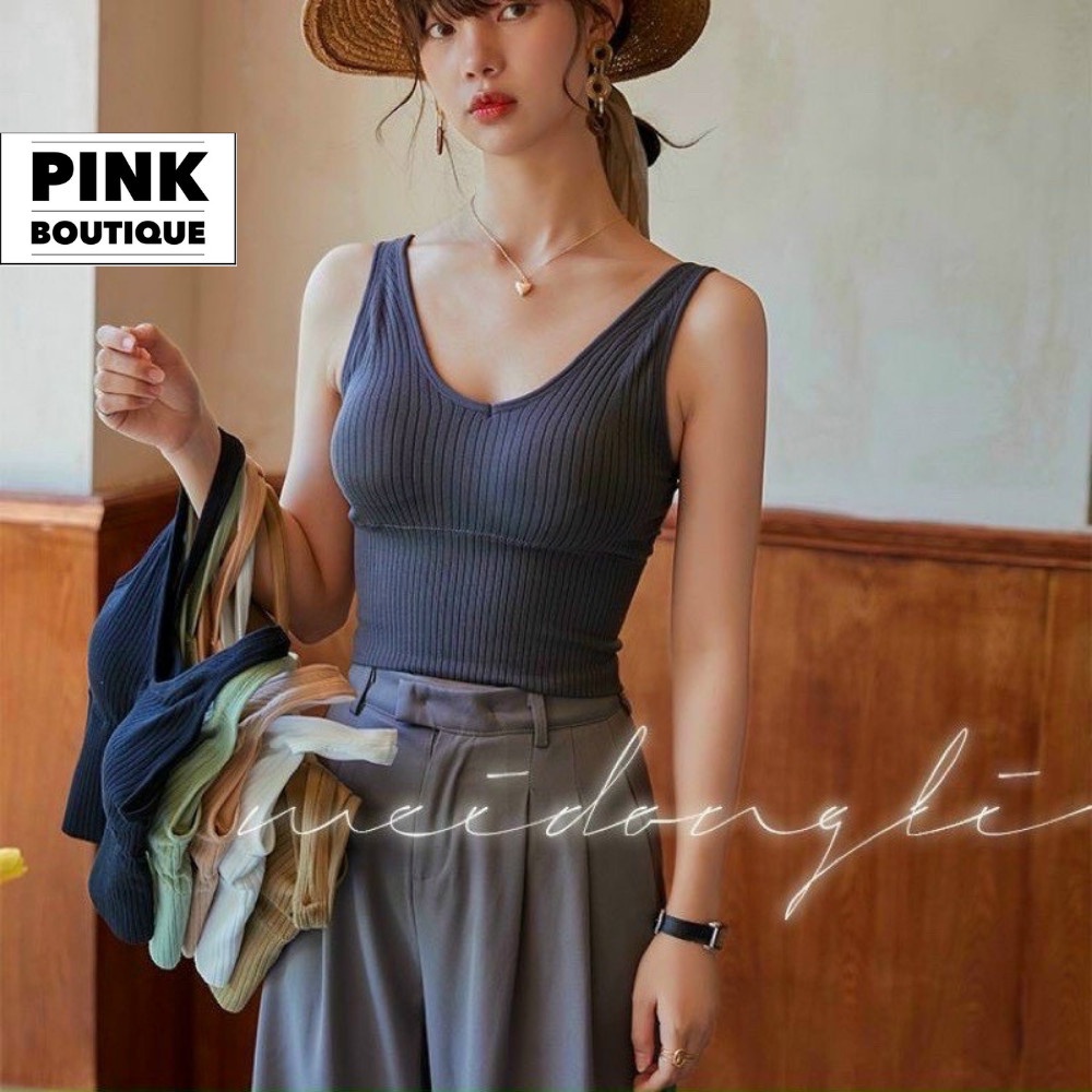 Áo Nữ Bra Tập Dáng Croptop Ôm Len Tăm Dệt Kim Cổ Tim Có Mút Ngực Co Giãn PINKBOUTIQUE 881
