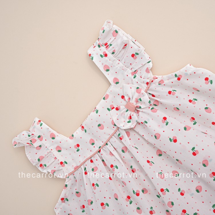 Bộ đồ bé gái CARROT, tay cánh tiên, họa tiết quả dâu có nơ, chất Thô cotton mềm, mát