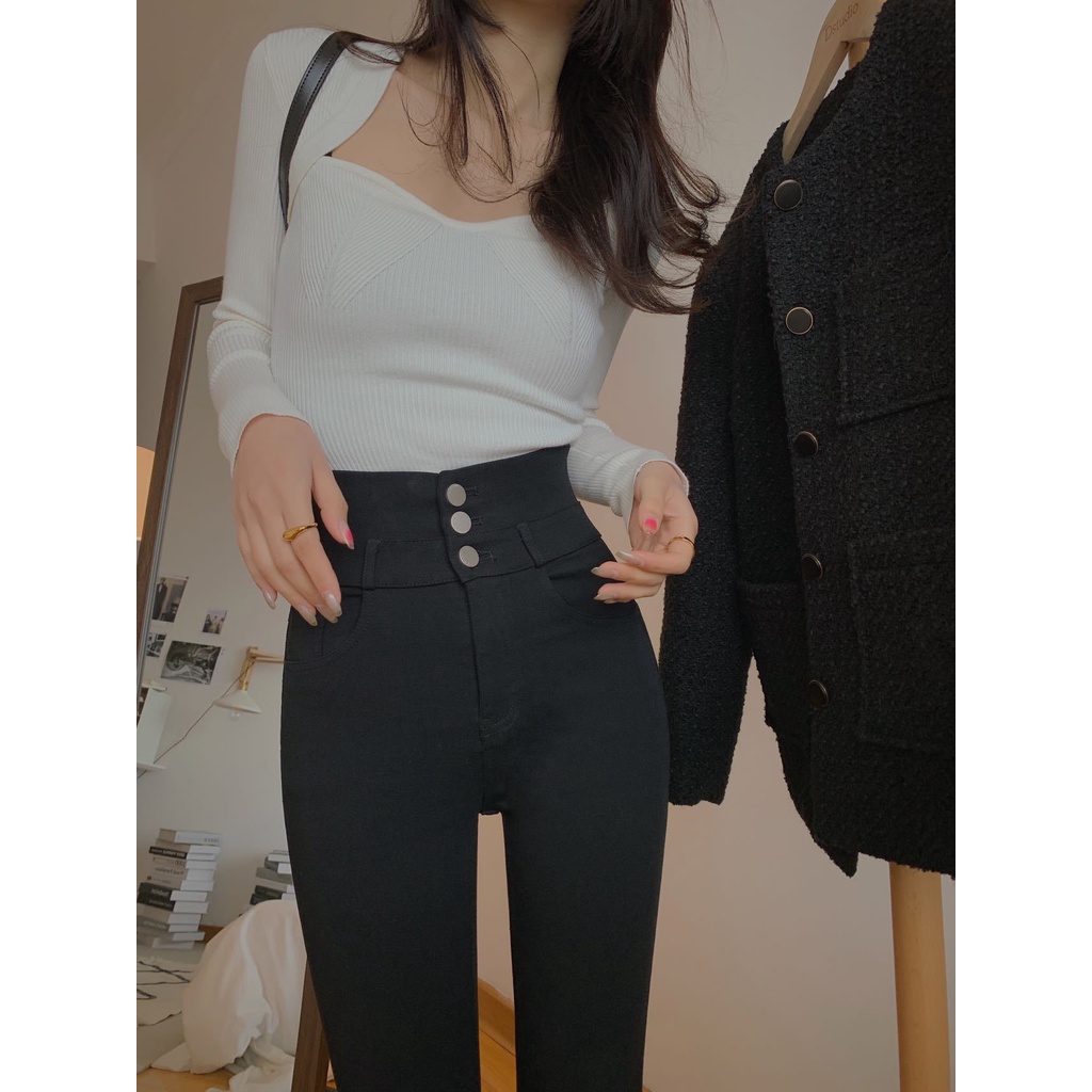Quần skinny cạp cao 3 cúc Quần legging tregging nữ Nâng mông có túi cúc khóa kéo Sang chảnh Cao cấp Thời trang