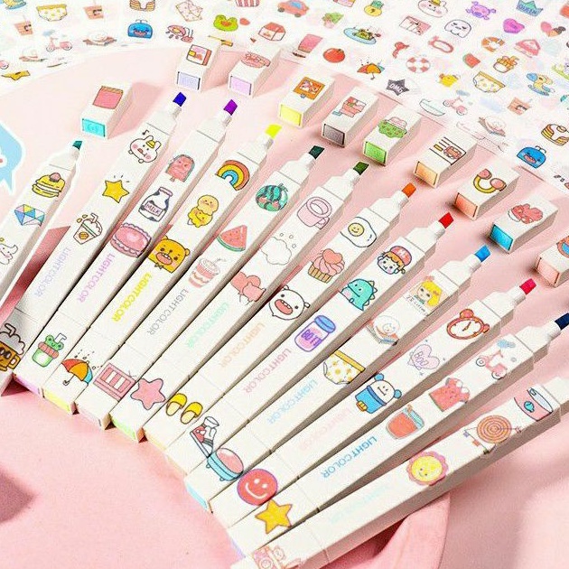 Bút highlight 2 đầu LIGHT COLOR màu pastel dễ thương 12 mẫu - Corgi Shop