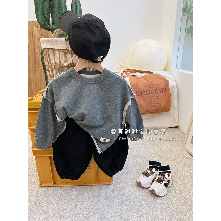 [Hàng Có Sẵn Mới Về] Set Áo Sweatshirt Phối Rách Phong Cách Hàn Quốc Cho Bé Trai Và Bé Gái