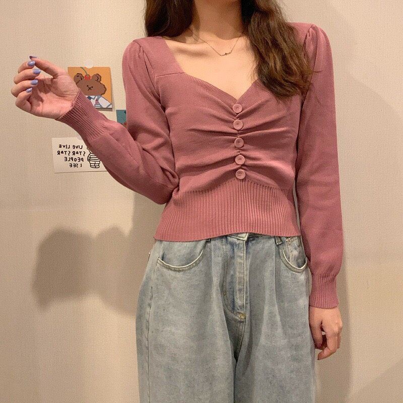 Áo Len Dài Tay Nhún Bèo Cúc Giữa Sang Chảnh Xịn Đẹp Dễ Mix Đồ | BigBuy360 - bigbuy360.vn