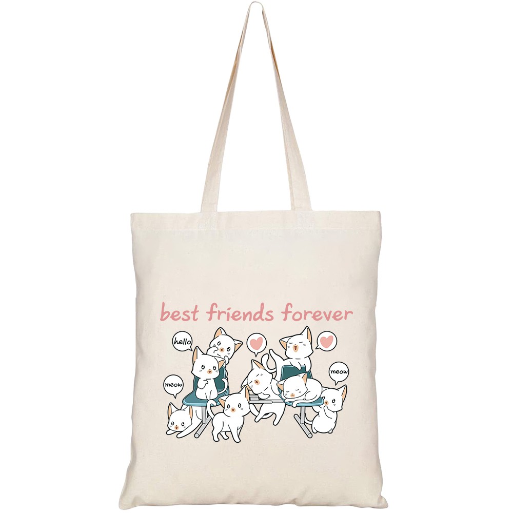 Túi vải tote canvas HTFashion in hình kawaii cat characters with bench HT163