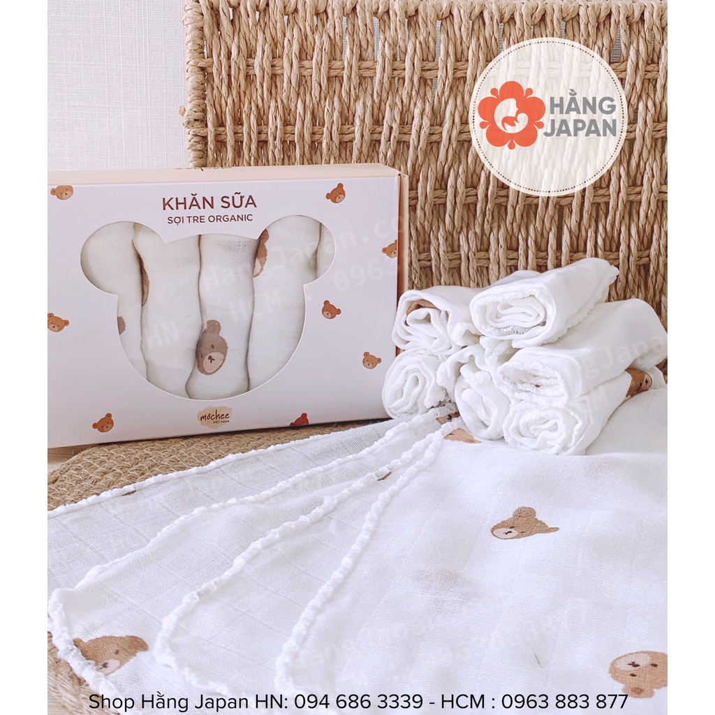 Hộp 6 khăn sữa sợi tre organic Mochee họa tiết hình gấu - mềm mại, không xù lông cho bé 30x30cm