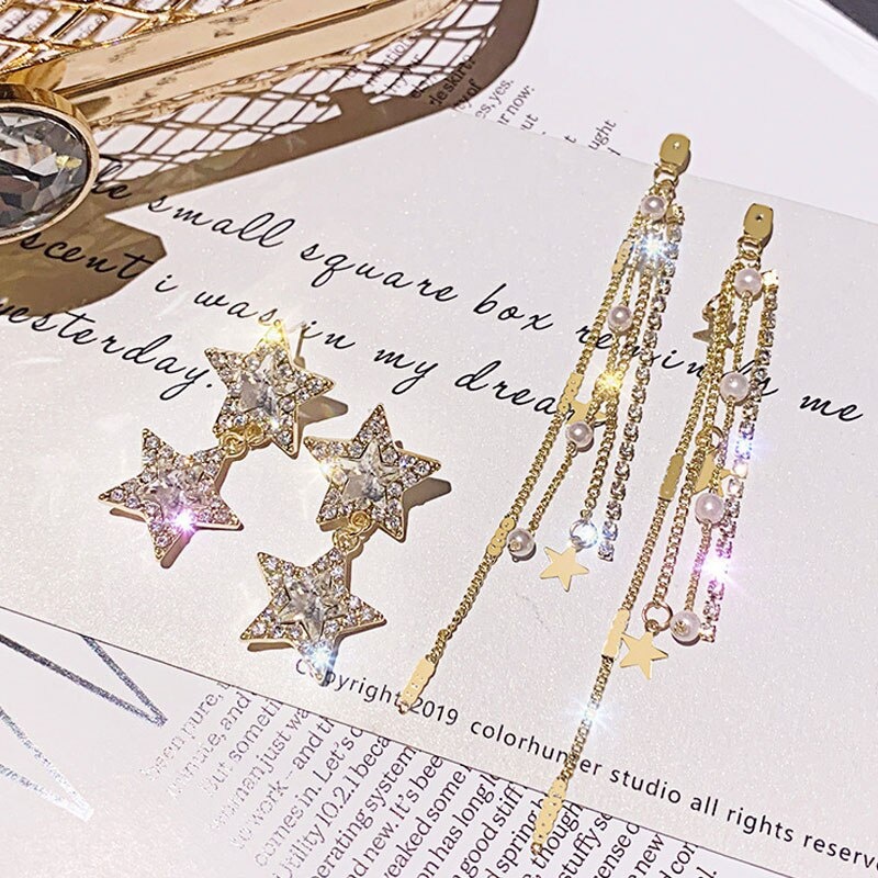 Đôi Khuyên Tai Dài Hình Ngôi Sao Đính Đá Thời Trang Cho Nữ