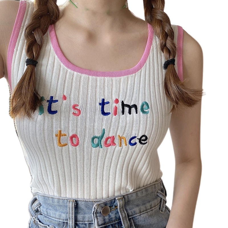 Áo Croptop Dệt Kim Không Tay Thêu Chữ Nhiều Màu Sắc Dễ Thương Cho Nữ