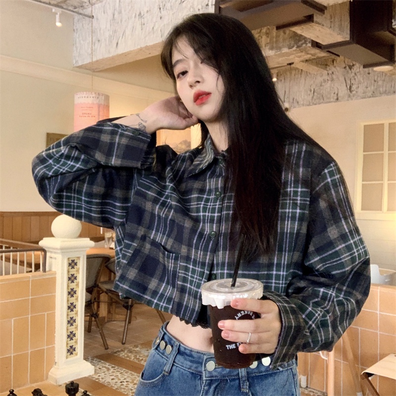 ZHELIHANGFEI Áo Sơ Mi Tay Dài Họa Tiết Sọc Caro Phong Cách Retro Thời Trang