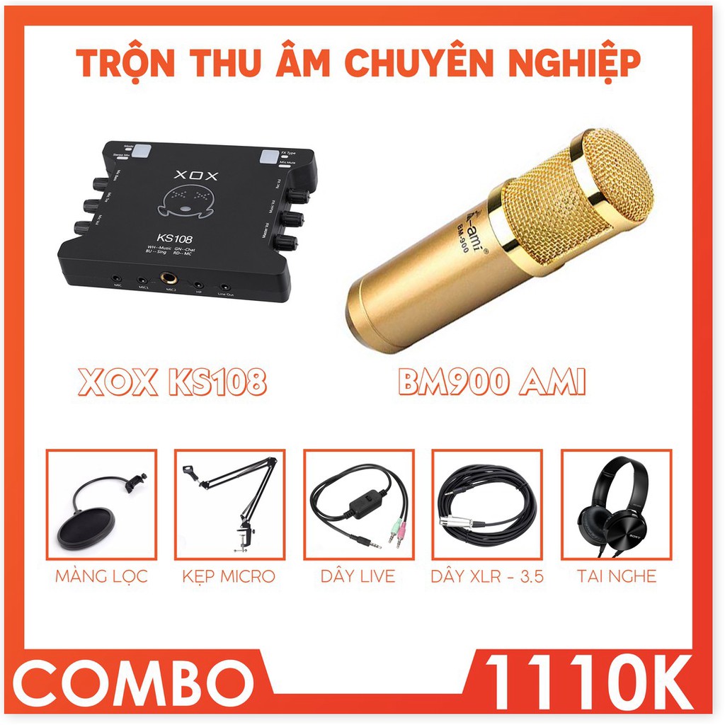 [COMBO] Trọn bộ thu âm chuyên nghiệp soundcard XOX KS108 với micro thu âm BM900 Ami chuyên livestream, thu âm