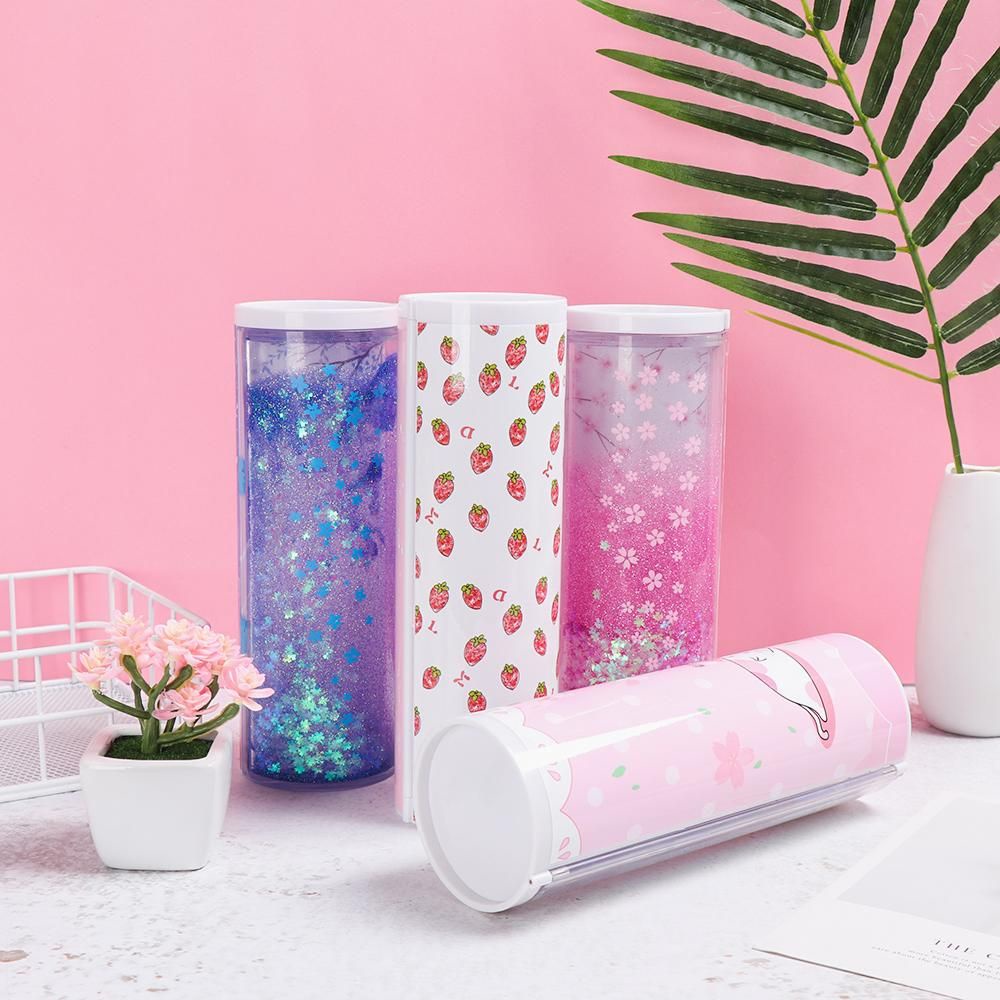 KUNHEV Hộp Đựng Bút Trong Suốt Có Kim Tuyến Nước Chảy Sáng Tạo