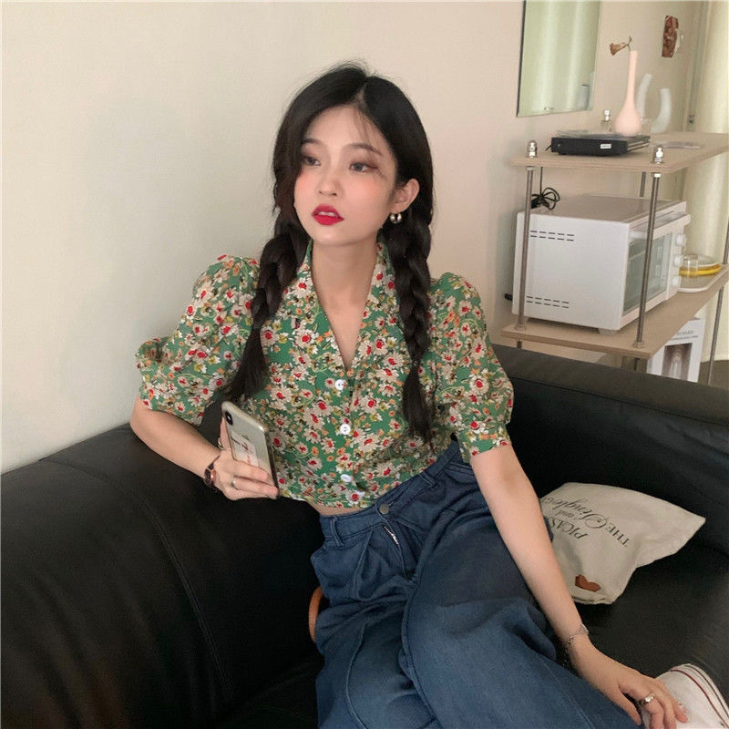 Áo Kiểu Tay Phồng Cổ Chữ V Họa Tiết Hoa Phong Cách Retro Hàn Quốc