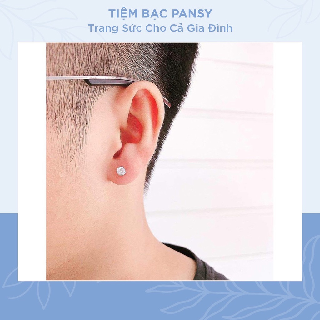 Khuyên tai bạc nam nữ unisex PANSY nụ đá tròn đính đá bấm lỗ đẹp