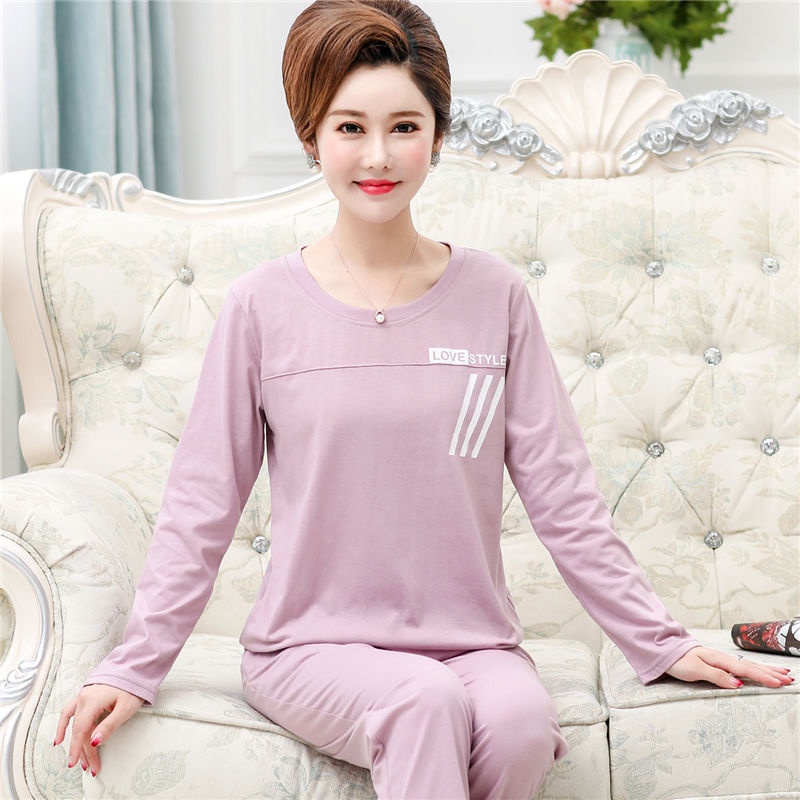 Bộ đồ ngủ dành cho người trung niên và cao tuổi của phụ nữ mùa xuân và mùa thu cotton thuần khiết dài tay mặc nhà cộng v