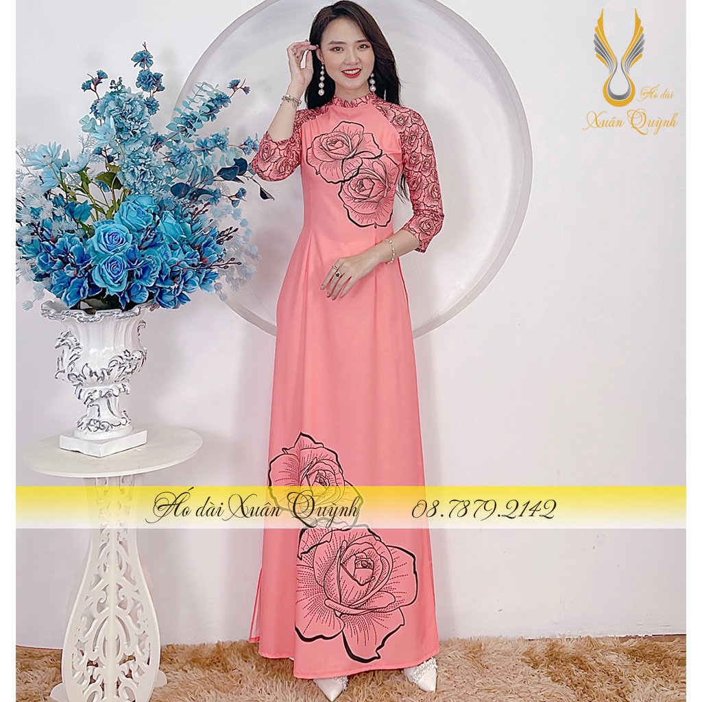 Áo Dài Hoạ Tiết Hoa Hồng Trẻ Trung, Tôn Giáng Lụa Habutai K78 - Áo Dài Truyền Thống