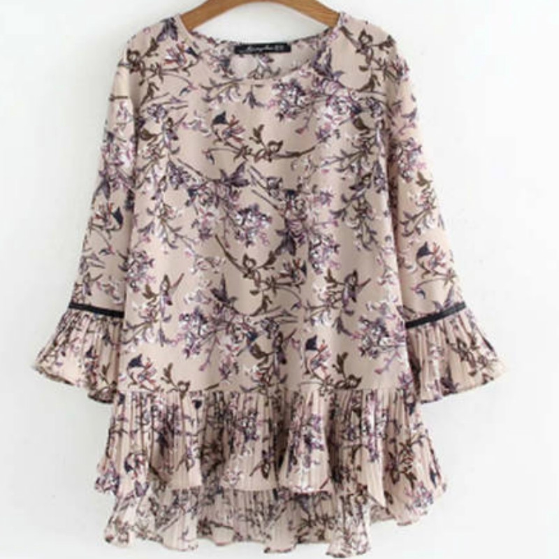 Áo Kiểu Tay Loe 3 / 4 Dáng Rộng In Hoa Phong Cách Hàn Quốc Thời Trang Cho Nữ Size M-4XL
