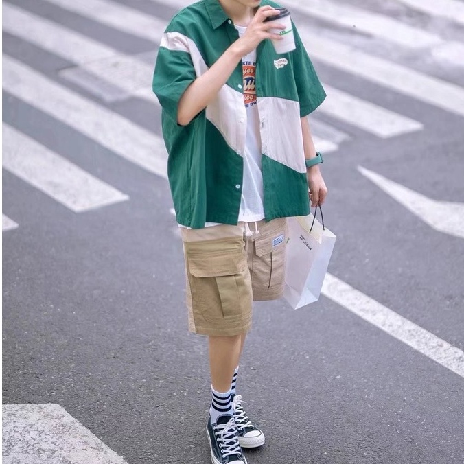 Áo Sơ Mi Tay Ngắn Dáng Rộng Màu Trơn Phối Túi Thời Trang Hàn Quốc Cho Nam