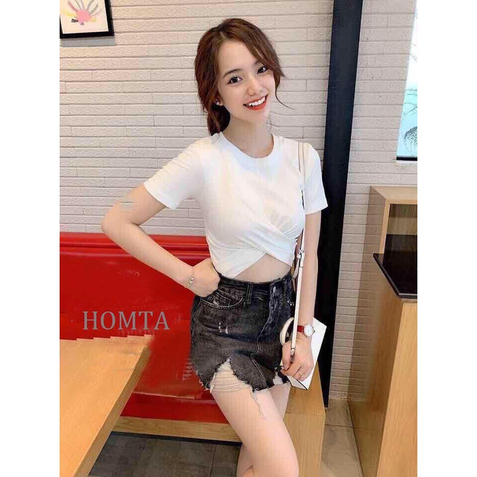 Áo croptop tay ngắn xoắn eo cotton co giãn tôn dáng