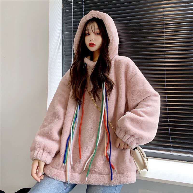 Áo hoodie nữ len nhung form rộng dày dặn Hàn Quốc | BigBuy360 - bigbuy360.vn