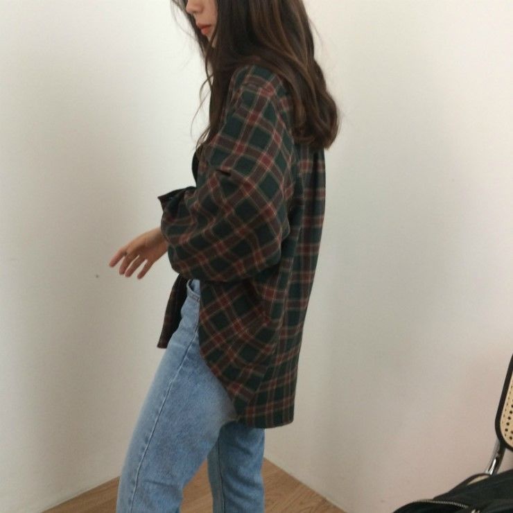 Áo sơ mi caro tay dài thời trang retro Hàn Quốc