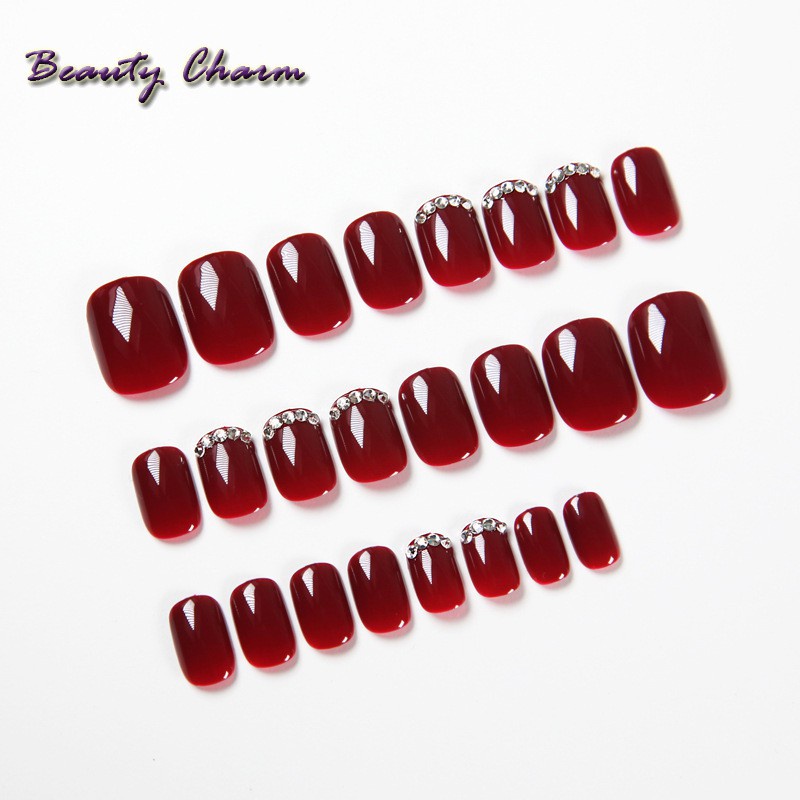 24pcs Detachable Wearable Fake Nails press on autumn and winter wine red color with  diamond factory direct