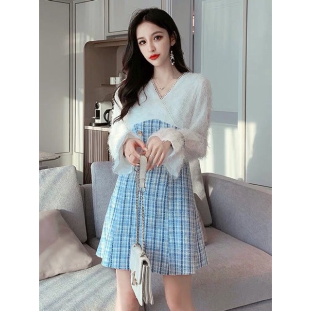 [CÓ SẴN-size S] Đầm dạ caro tiểu thư cổ v(Có ảnh thật)