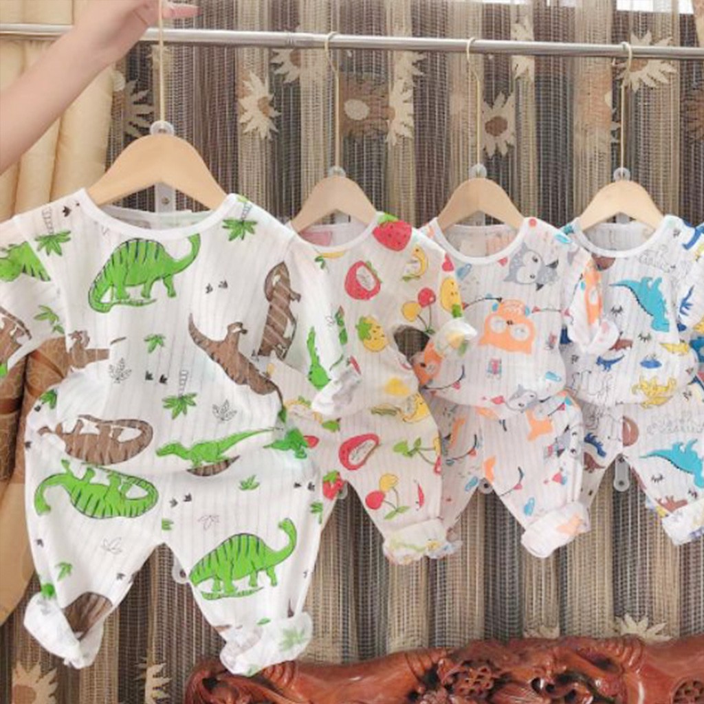 Bộ Mặc Ngủ Dài Tay Cho Bé Trai Bé Gái Chất Cotton Giấy Mỏng Mát Thấm Hút Tốt - Quần Áo Trẻ Em Cho Bé Sơ Sinh 3-14kg