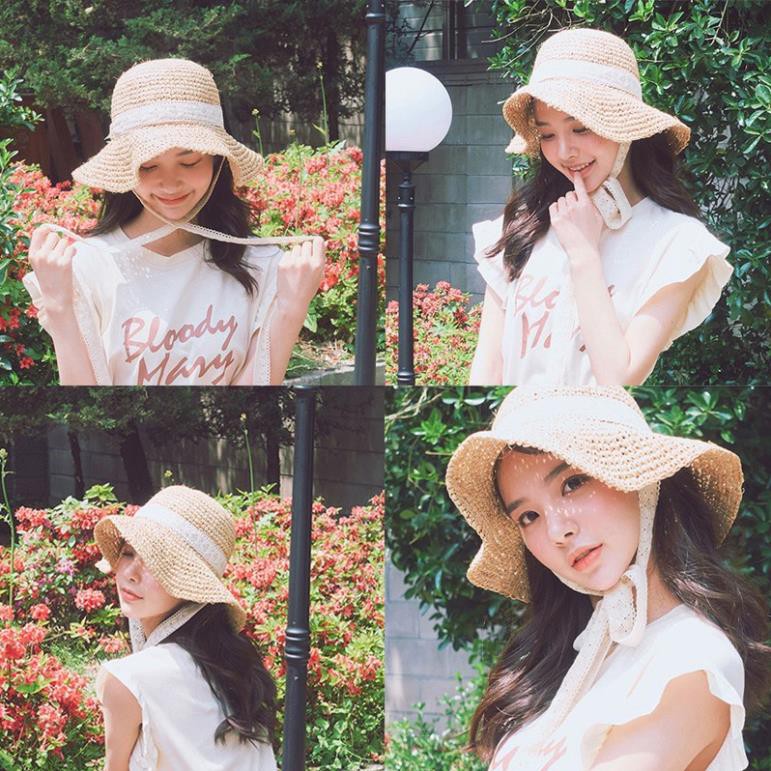 Mũ Cói Mềm Phối Ruy Băng Thắt Nơ Phong Cách Tiểu Thư Xinh Xắn Đi Biển mùa hè