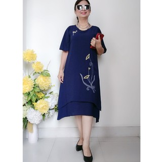 Đủ Size (53 - 95Kg) Váy Đầm Trung Niên Vải Voan 2 Lớp Thêu Hoa Tà Cong - Dáng Suông A