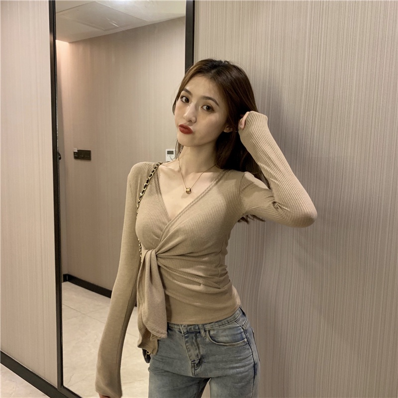 【ZHELIHANGFEI】Áo Dệt Kim Nữ Tay Dài Cổ Chữ V Vạt Chéo Gợi Cảm