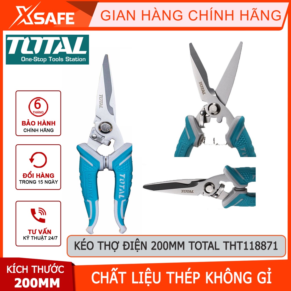 Kéo thợ điện TOTAL THT118871 200mm Kéo mini cho thợ điện thép không gỉ, lưỡi kéo có răng, tay cầm thiết kế độc đáo