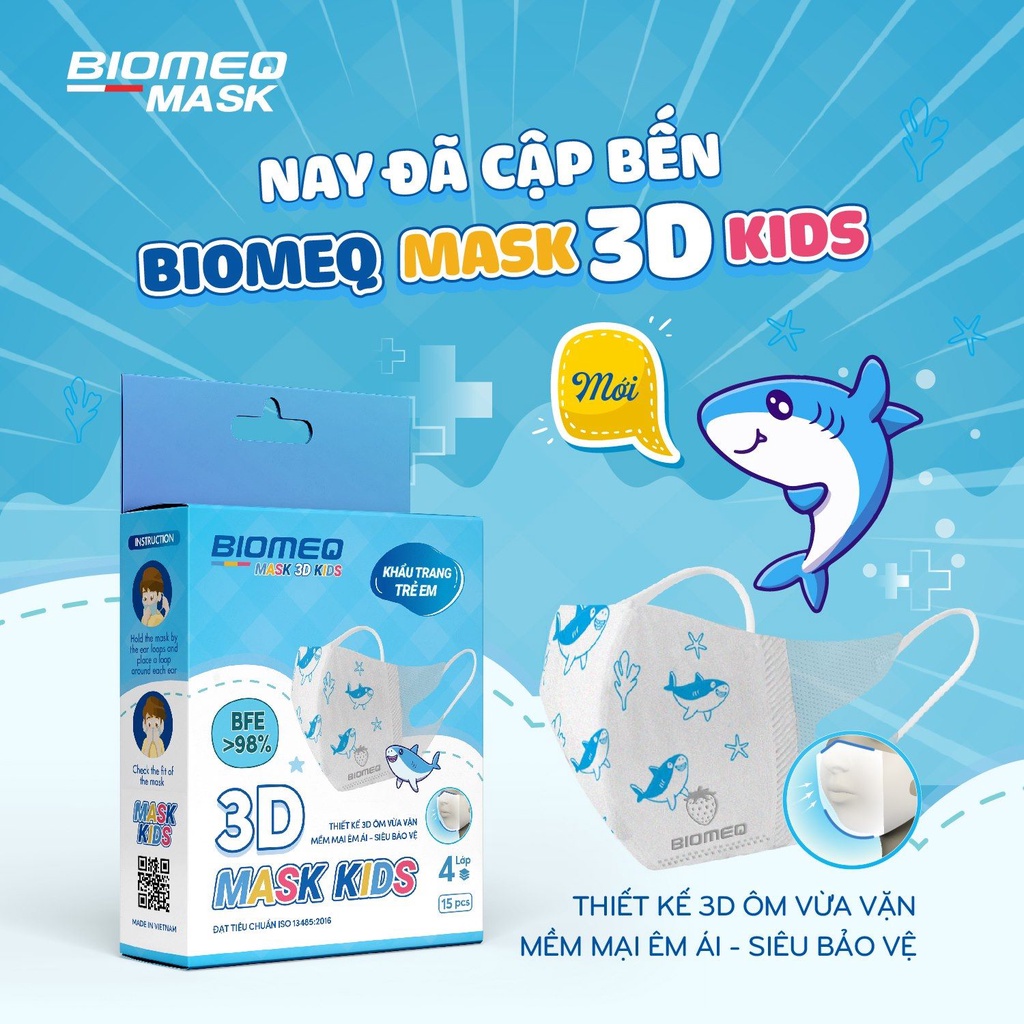 Hộp 15 chiếc khẩu trang trẻ em 3D - BIOMEQ MASK 3D KIDS  2 lớp kháng khuẩn siêu an toàn cho làn da của bé