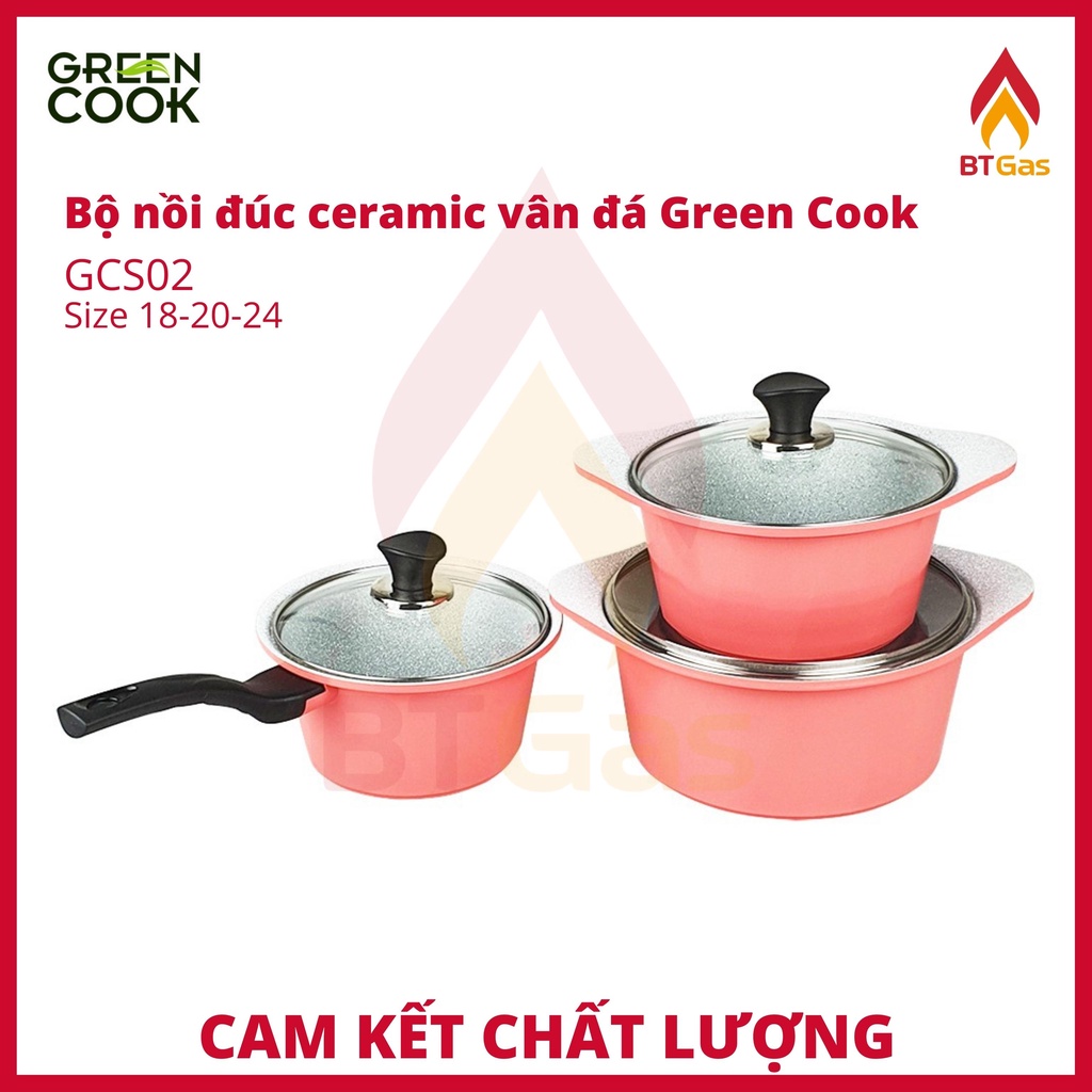 Bộ nồi đúc chống dính Ceramic vân đá, bộ nồi chống dính bếp từ vân đá Green Cook GCS02 Size 18 - 20 - 24